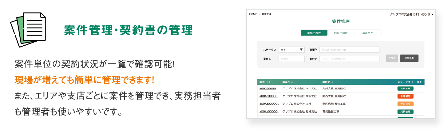 【案件管理・契約書の管理】案件単位の契約状況が一覧で確認可能！現場が増えても簡単に管理できます！また、エリアや支店ごとに案件を管理でき、実務担当者も管理者も使いやすいです。